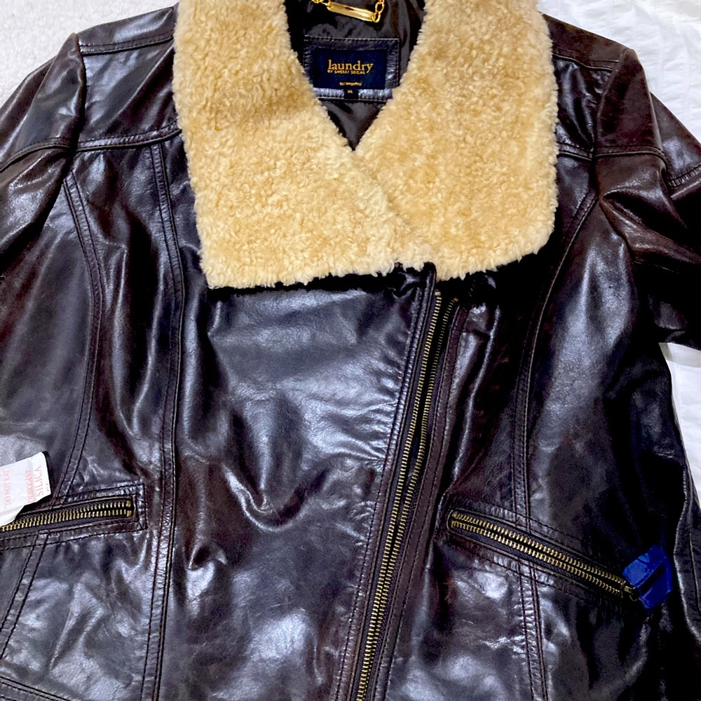 Laundry by Shelli Segal Leather and Sherpa Motorcycle Aviator Jacket Size XL NWT